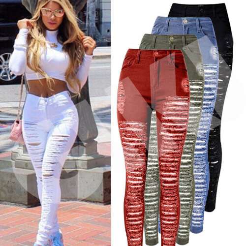 US Women Denim Skinny Ripped Pants High Waist Stretch Jeans Long Pencil Trousers women clothes deals Deals